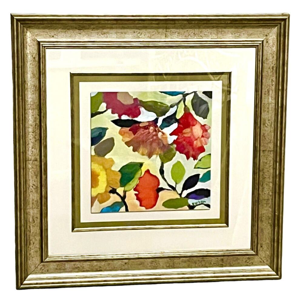 Kim Parker 27x27 FRAMED ART Floral Tile I Flowers Signed Wall Hanging Gold Frame